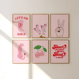 Ensemble mural rose et rouge, lot de 6 imprimés éclectiques, décoration de chambre d'adolescente, oeuvre d'art murale rose preppy colorée, collage tendance, affiches de dortoir