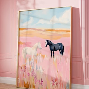May include: A painting of two horses in a field of pink flowers. The horse on the left is white and the horse on the right is black. The sky is blue with white clouds.