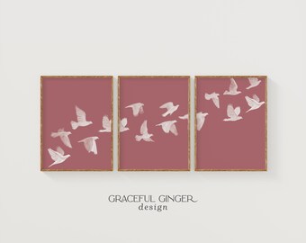 Conjunto de impresiones de bandada de pájaros: Arte mural minimalista moderno en rosa empolvado (descarga digital)