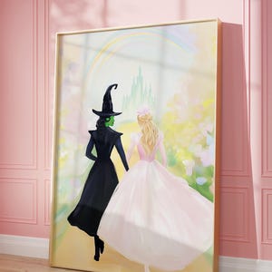 Arte de pared imprimible de bruja buena y bruja malvada, decoración de pared de habitación en rosa pastel, impresión de chica dopaminérgica, póster inspirado en películas, descarga digital