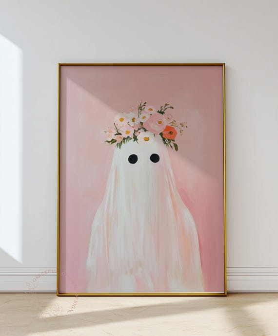 Pink Ghost Art Print: Flower Crown, Spooky Farmhouse Halloween (Digital Download)