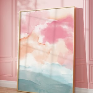 Rosa abstrakten Sonnenuntergang Print, druckbare Wandkunst, abstrakte Landschaft, sofortiger digitaler Download, große Wandkunst, rosa Pfirsich Teal moderner Druck