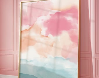 Pink Abstract Sunset Print, Printable Wall Art, Abstract Landscape, Instant Digital Download, Large Wall Art, Pink Peach Teal Modern Print