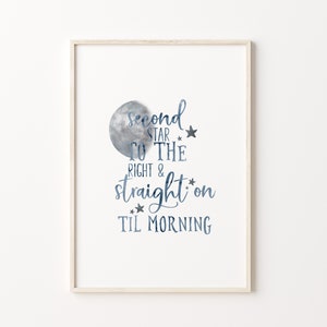 Peter Pan Nursery Quote Print, Second Star to the Right, Blue-Gray Watercolor Printable Wall Art, Baby Boy Nursery Playroom Decor
