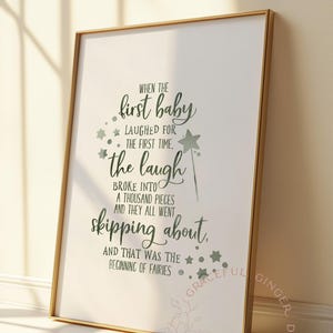 Peter Pan Nursery Quote Print, Green Printable Wall Art, Kids Room Playroom Decor, JM Barrie, first baby laughed for the first time