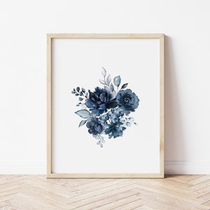 Navy Blue Flower Print, Printable Wall Art, Floral Bouquet Watercolor, Home Decor, Instant Download Wall Decor