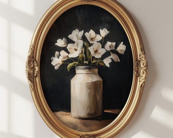 Décoration murale florale foncée : impression de fleurs blanches maussades | Décoration botanique élégante (téléchargement numérique)
