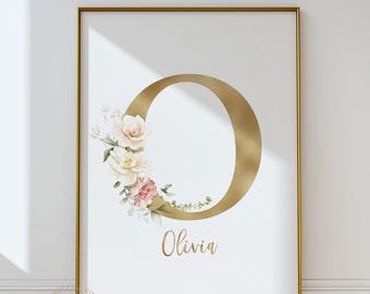 Personalized Nursery Letter Name print, Blush Pink Watercolor Flowers, Printable Wall Art, Custom Nursery Girl&#39;s Room Decor, Gift Monogram