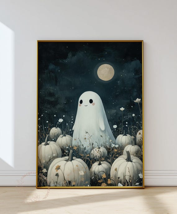 Cute Ghost in a Pumpkin patch art print, Spooky Halloween printable wall art, Fall cottagecore art poster, Moody dark academia wall decor