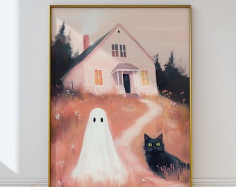 May include: A framed art print depicts a whimsical scene with a white house, a ghost, and a black cat. The ghost stands in a field of tall grass, and the cat sits nearby. The house has lit windows, and a path leads to the front door. The artwork is framed in a gold-colored frame.