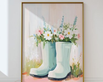Regenstiefel mit Blumen Print: Pastell Wildblumen Wand Kunst (Digitaler Download)