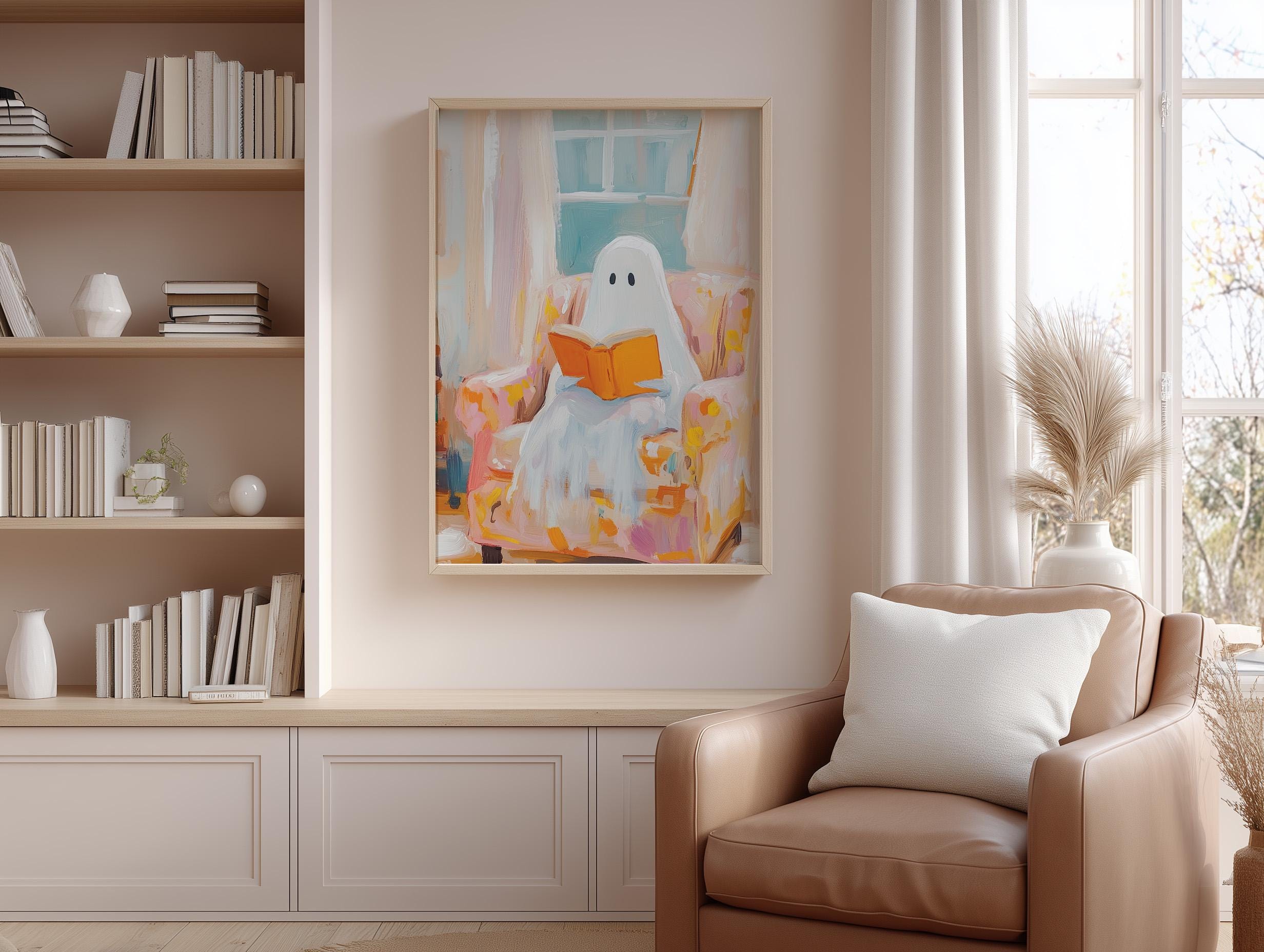 Cute Ghost Reading Printable Wall Art: Halloween Book Lover Poster ...
