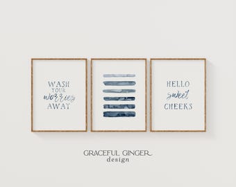 Blue Abstract Bathroom Art Prints, Set of 3 (Digital Download)