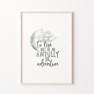 Impresión con cita de Peter Pan para guardería, &quot;Vivir será una gran aventura&quot;, arte de pared imprimible en acuarela verde, decoración para habitación de bebé niño
