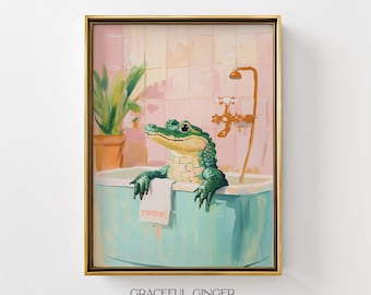Alligator in Bathtub Art: Trendy Pastel Bathroom Print (Digital Download)