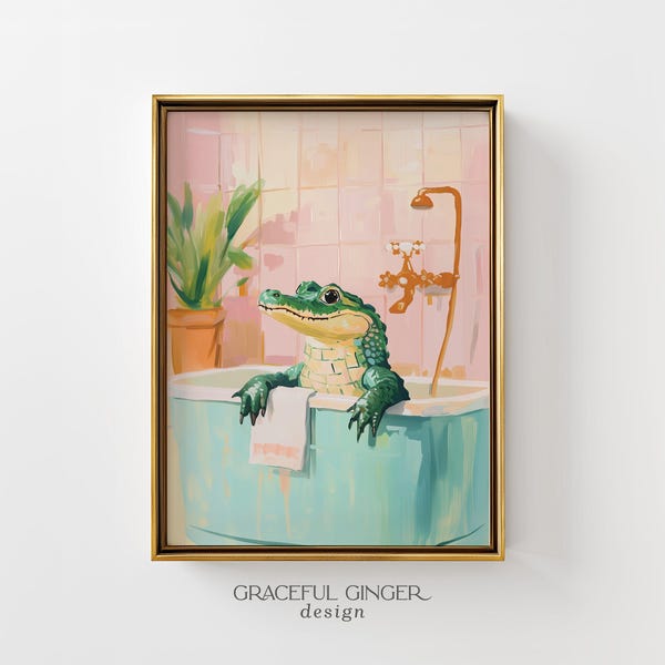 Alligator in Bathtub Art: Trendy Pastel Bathroom Print (Digital Download)