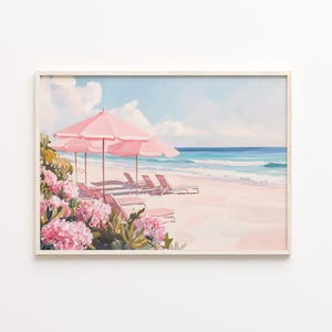 May include: A painting of a beach scene with pink umbrellas and lounge chairs. The beach is white sand and the ocean is blue. There are pink flowers in the foreground.