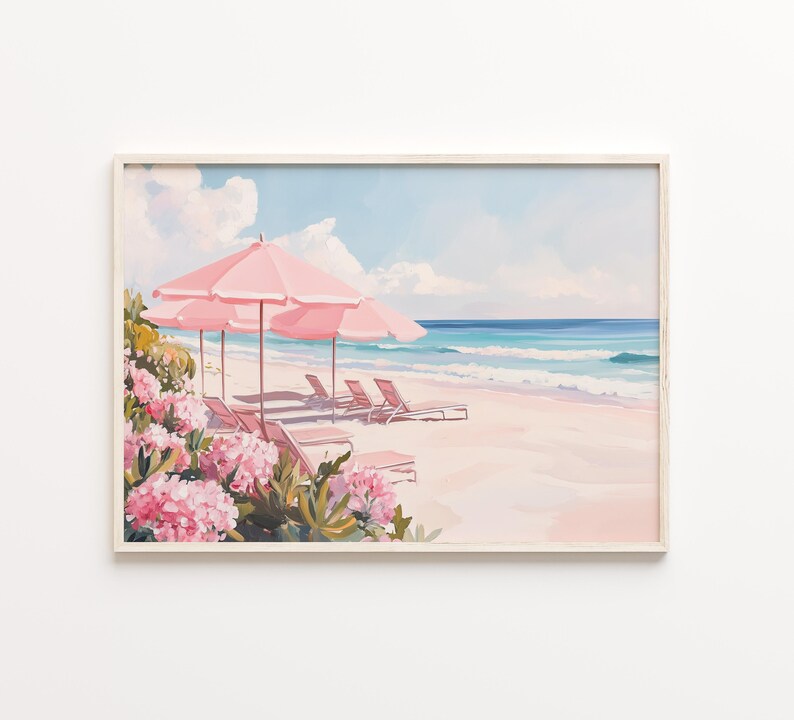 May include: A painting of a beach scene with pink umbrellas and lounge chairs. The beach is white sand and the ocean is blue. There are pink flowers in the foreground.