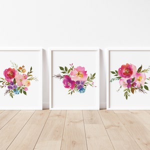 Pink Flower Bouquet, Print Set of 3, Watercolor Flower Prints, Printable Wall Art, Home Wall Decor, Spring Flowers nursery decor