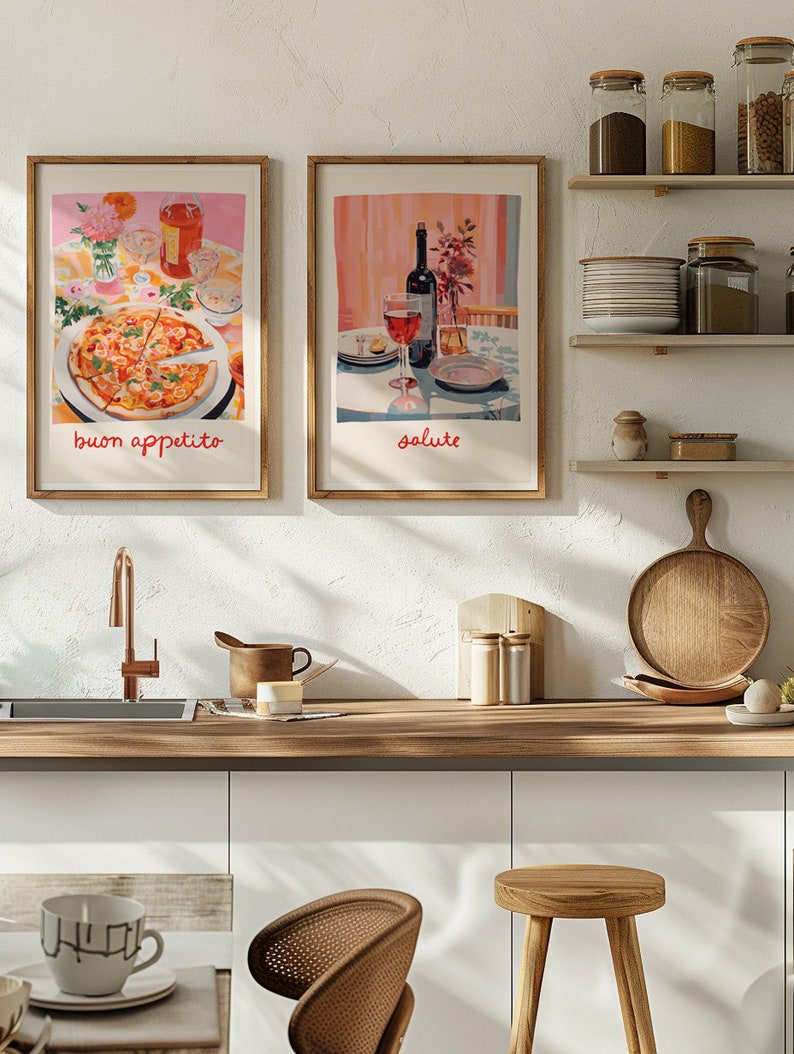May include: Two framed prints with illustrations of food and wine. The left print shows a pizza with the text "buon appetito". The right print shows a glass of red wine with the text "salute".