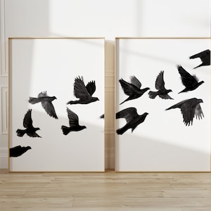 Conjunto de dos bandadas de pájaros, arte de pared imprimible moderno, decoración en blanco y negro, pájaros voladores, impresión artística de la naturaleza, póster de decoración minimalista