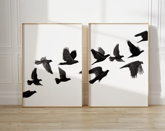 Bird Flock Set of Two, Modern Printable Wall Art, Black and White decor, Flying Birds, Nature Art Print, Minimal decor poster