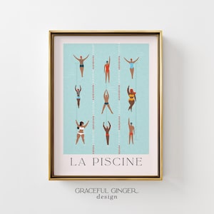 Blågrönt art déco-tryck med pool: Minimalistisk sommarväggkonst (digital nedladdning)