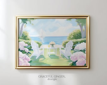 Coastal Garden Wall Art: Seaside Hydrangeas Sailboat Landscape Print, (Printable Digital Download)