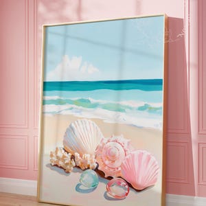 Stampa di natura morta con conchiglie: arte di una casa sulla spiaggia in rosa tenue (download digitale)