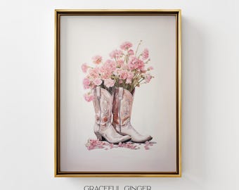 Cowgirl Boots Blumenmuster: Neutrale Western Wall Art (Digitaler Download)