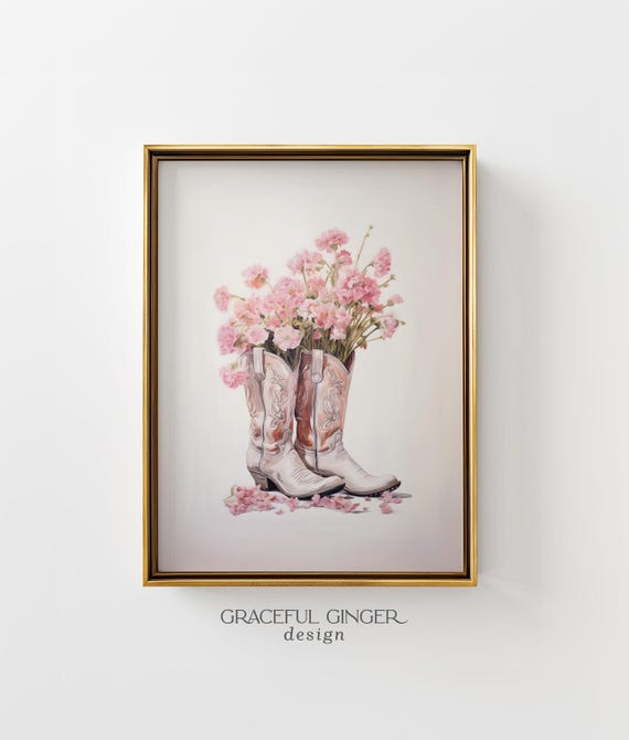 Cowgirl Boots Floral Print: Neutral Western Wall Art (Digital Download)