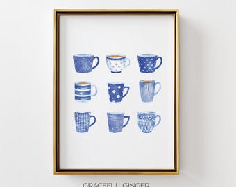 Blue Tea Coffee Cups Watercolor Print: Modern Kitchen Wall Art (Digital Download)