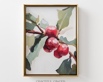 May include: A framed painting of red berries on a branch with green leaves, rendered in a painterly style with visible brushstrokes. The artwork is enclosed in a thin gold frame. Below the frame, the text reads GRACEFUL GINGER design.