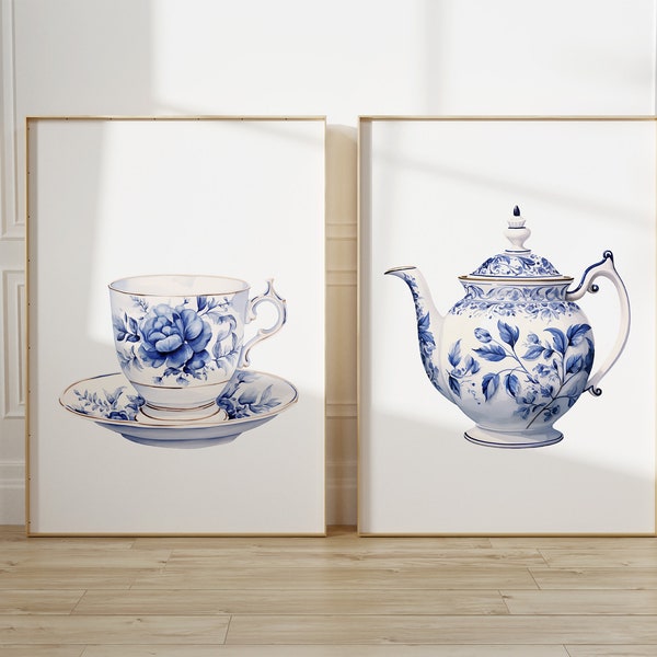 Blue Tea Cup and Teapot Print Set of 2, Kitchen Printable Wall Art, Chinoiserie Dining Room Poster, Kitchen Wall Decor Digital Download