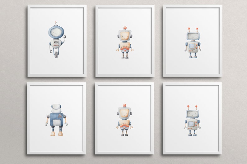 Décoration de chambre robots bébé garçon, lot de 6 impressions bleu et gris pour chambre d'enfant, art mural imprimable, décoration de salle de jeux robots aquarelle, téléchargement numérique image 9