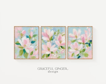 Pink Magnolias Print Set of 3: Blue Green Botanical Wall Art | Grandmillennial Floral Decor | Flower Prints (Digital Download)