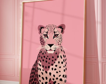 Cheetah Animal Printable Wall Art, Pink Preppy Dorm Room Wall Decor, Aesthetic Art Print, Trendy maximalist wall art, Digital download