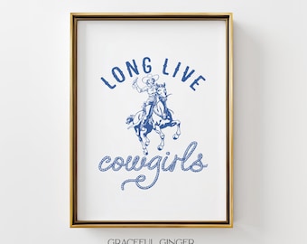 ¡Larga vida a las vaqueras! Lámina decorativa de estilo western vintage: Póster con cita en azul (Descarga digital)