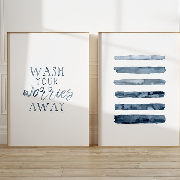 Wash your worries away, Set of 2 Bathroom wall art prints, Art wall decor, Guest bathroom decor, Blue Abstract Printable Home Decor