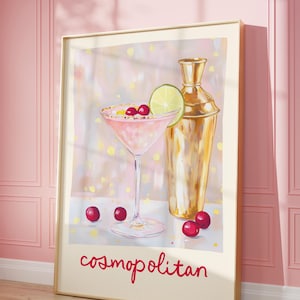 Impresión de arte cosmopolita, impresión de carrito de bar de moda, póster de cóctel rosa, arte de pared imprimible, decoración de pared de cocina, descarga digital