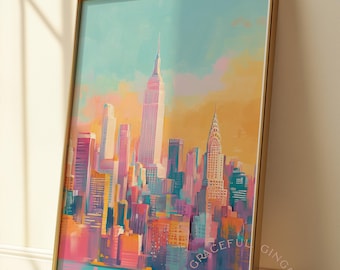 New York druckbare Wandkunst, New York City Malerei, rosa Pastell ästhetik Wanddekor, Reise-Druck, adrettes Poster, digitaler Download