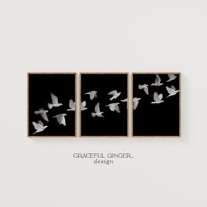 Set di 3 stampe di stormi di uccelli: arte murale minimalista in bianco e nero (download digitale)