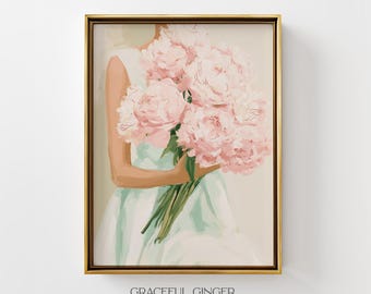 Blush Pink Peony Woman Art Print: Feminine Sage Green Floral Wall Decor | Romantic Portrait (Digital Download)