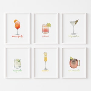 Cocktail Bar Cart Printable Wall art, Watercolor Cocktails Set of 6 prints, Party Sign printables