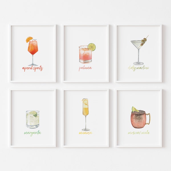 Cocktail Bar Cart Printable Wall art, Watercolor Cocktails Set of 6 prints, Party Sign printables