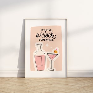 It's 5 o'clock Somewhere, cocktailbar cart afdrukbare muurkunst, bord retro partybar, happy hour-print, bord roze midcentury drankje