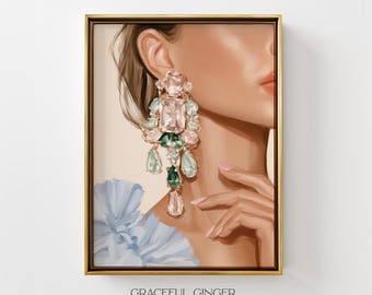 Jeweled Earring Wall Art: Feminine Fashion Print | Green and Pink Printable (Digital Download)