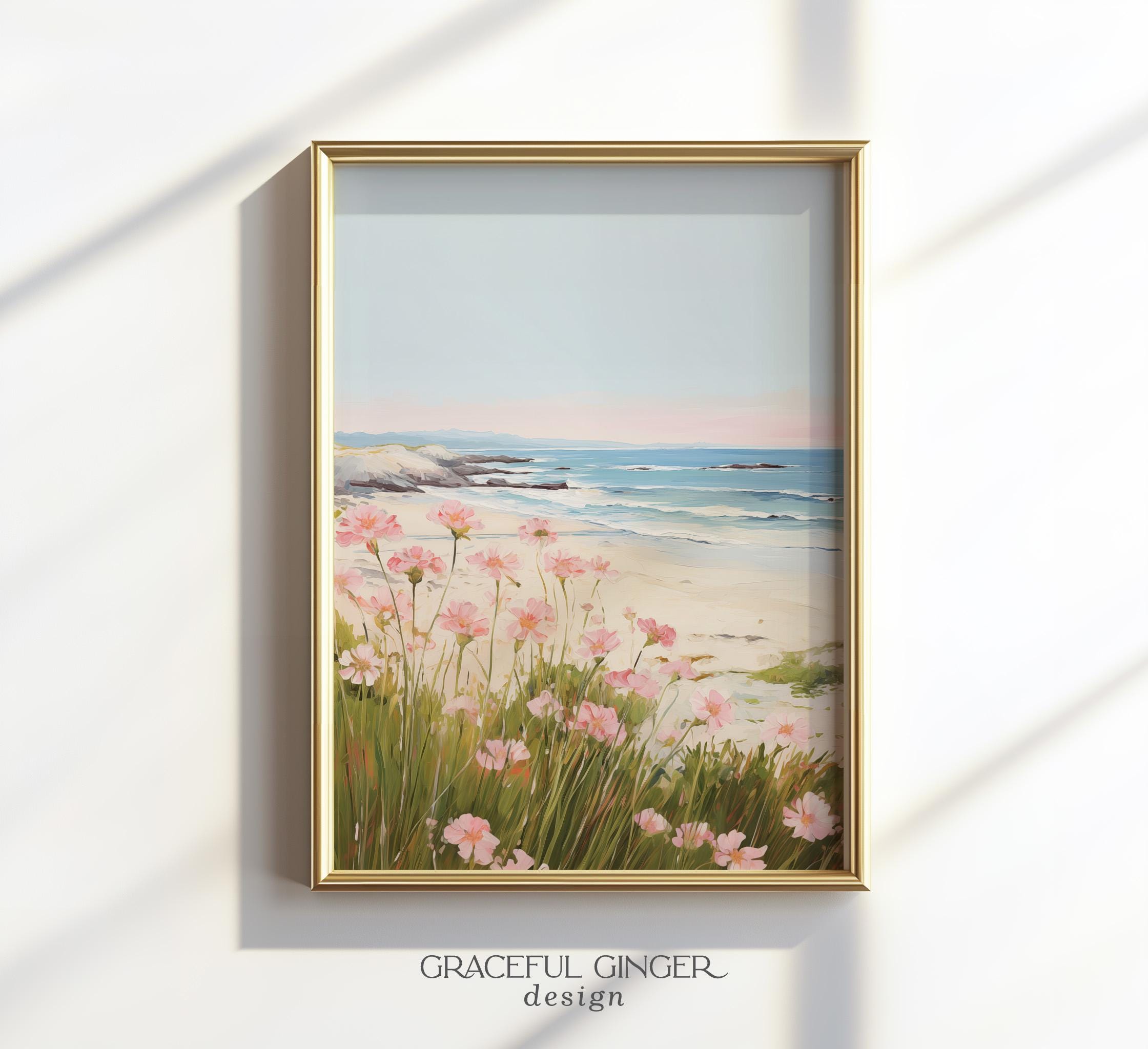 Pink Wildflower Coastal Landscape Art Print: Beach House Decor ...