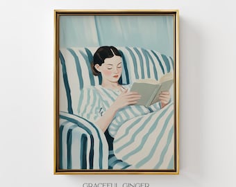 Blue Abstract Woman Reading Art Print: Book Lover Wall Decor (Printable Digital Download)