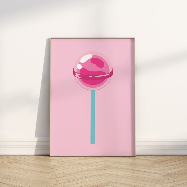 Pink Trendy Retro Poster, Printable Wall Art, Pink and Aqua Lollipop Print, Girly room decor, Digital download